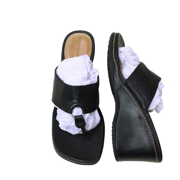 Rockport Sandal Leather Thong High-Wedge Lady-6.5M Wide-Strap Square-Toe Black - Picture 1 of 10